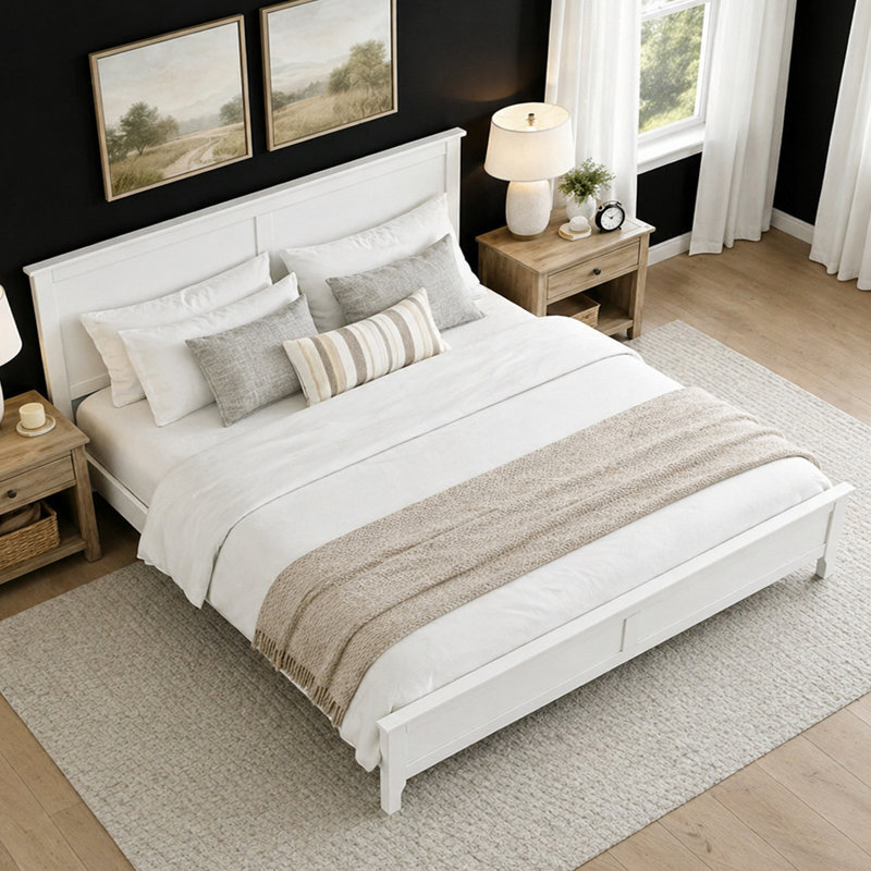 White Platform Bed with Headboard, King