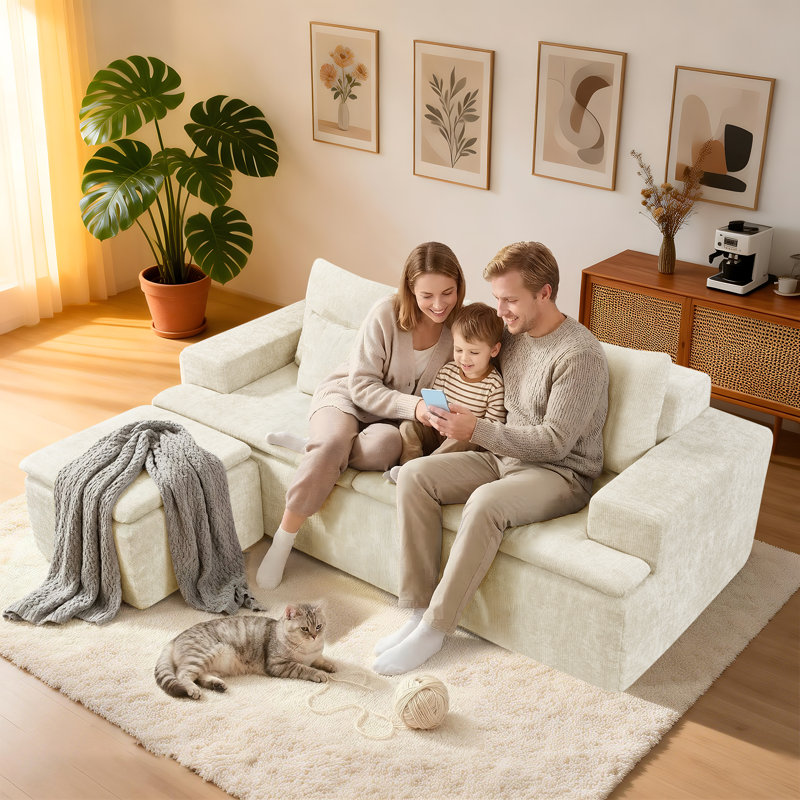 83" Cloud Sectional Couch with L-Shape Chaise, Modular Sofa with Deep Seat Reversible Ottoman, Boneless Couches for For Living Room, Cushion Back, Includes 2 Throw Pillows, Sofa in a Box