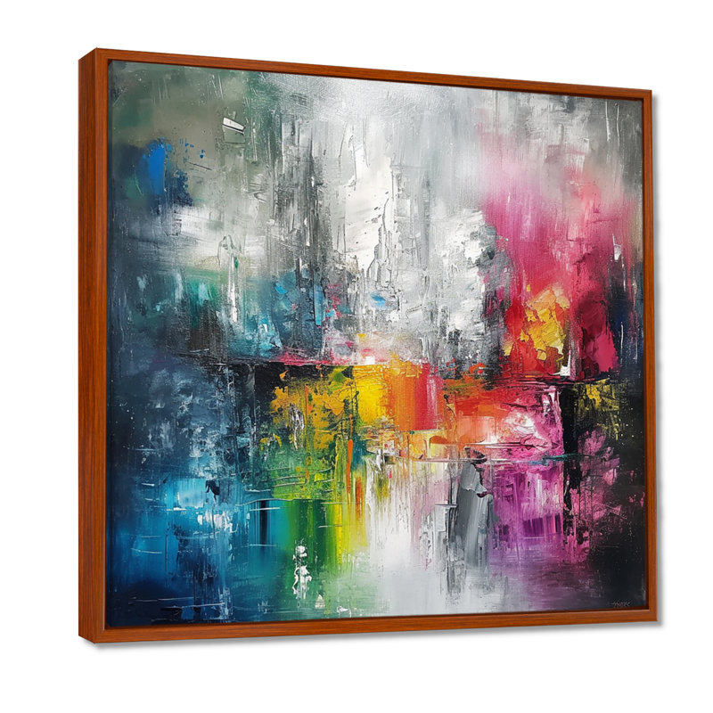 Arc-en-ciel rétro vibrant - décoration murale abstraite, H 16 po x l 16 po, Cadre flottant brun