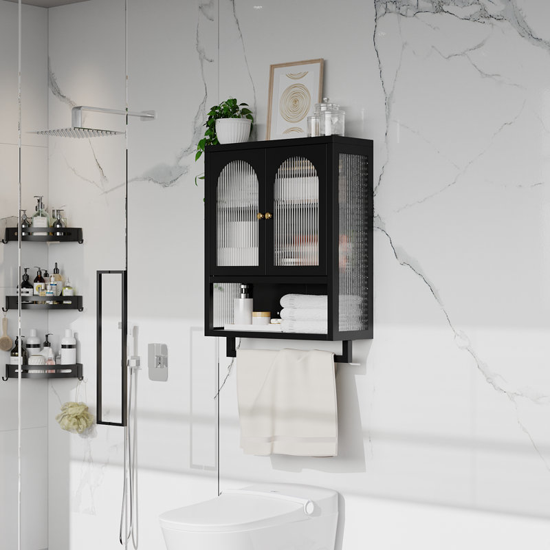 Armoire murale avec portes cannelées en verre, tablette réglable et porte-serviettes pour la salle de bain et la cuisine