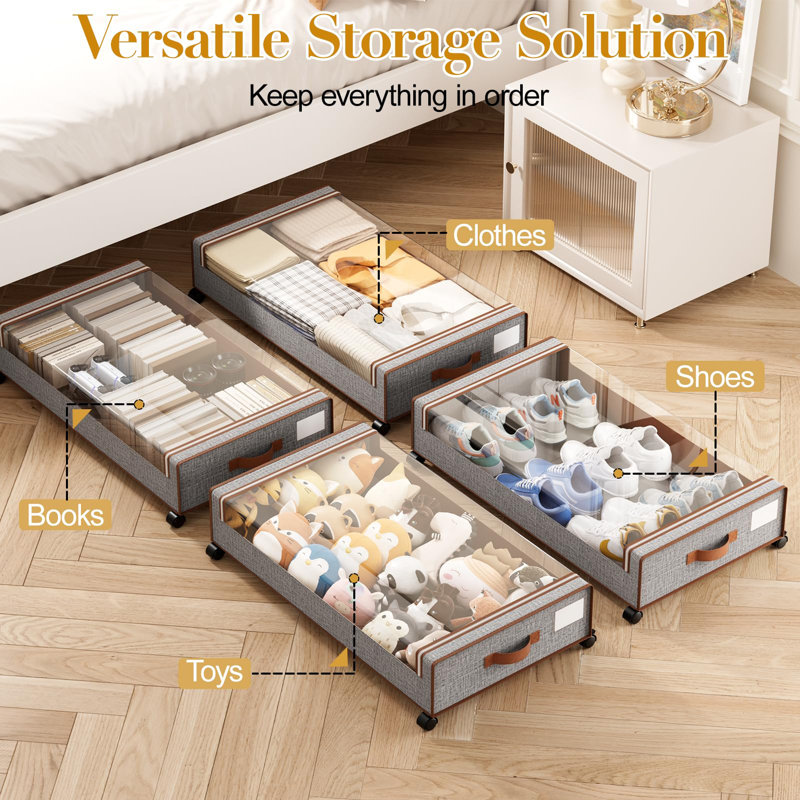 Under Bed Storage With Wheels, 2 Pack Under The Bed Storage Containers With Lids & Label, XXL 60L Rolling Underbed Storage Drawers For Clothes, Blankets, Shoes