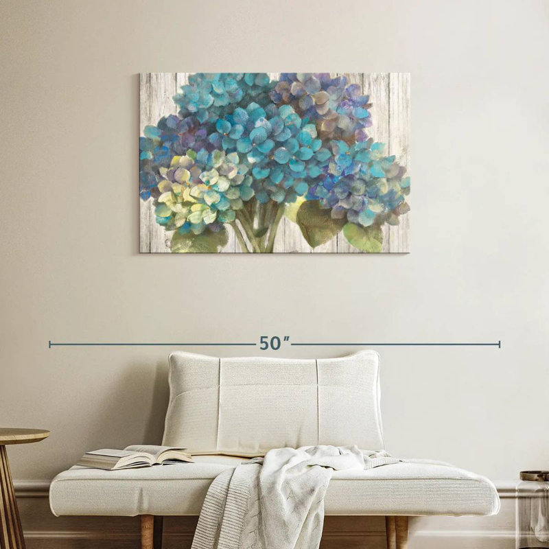 Harnek Turquoise Hydrangea On Barn Board, 24" H x 36" W