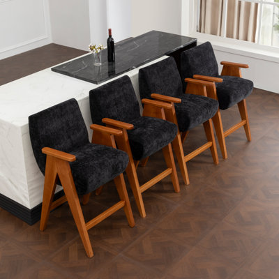 Mid-Century Upholstered Counter Bar Stool With Arms And Wooden Legs