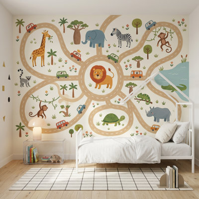 Papier peint safari, carte murale amovible pour enfants