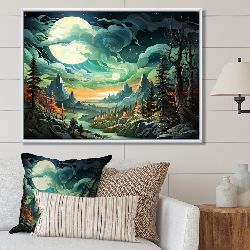 Montagne majestueuse, nuage, forêt I - forêt et rivière, art mural, Cadre flottant brun, H 30 po x l 40 po x P 1,5 po