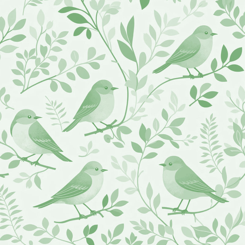 Couvertures illustrées d'oiseaux sur des branches, L 50 po x H 60 po, Vert moyen / vert clair
