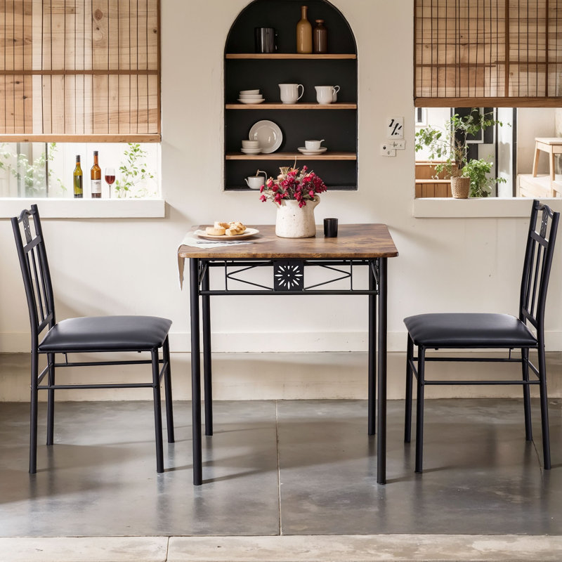 Brijesh 3 - Piece Couple Dining Set Square Dining Table Upholstered High Back Dining Chairs, Rustic Brown/Black