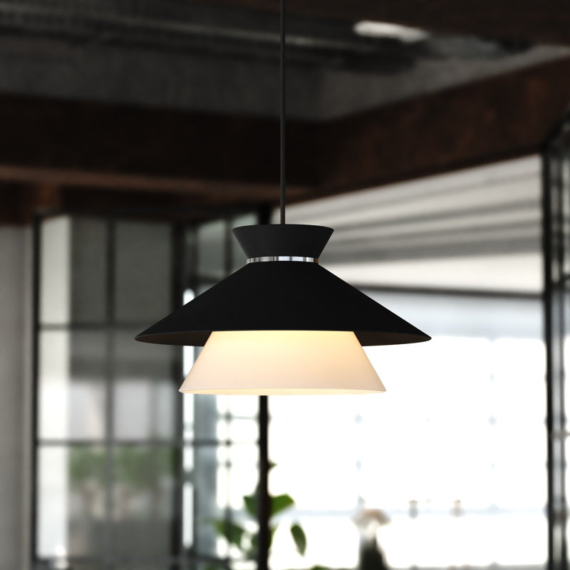 Loomis 1-Light 15.25 In. Wide Matte Black Mid-Century Modern Cone Pendant With White Frosted Opal Glass Shade, Adjustable Height, Hanging Ceiling Fixture For Dining Table Entryway Bedroom Island Foyer