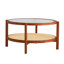 Table basse moderne en bois massif à double couche circulaire, plateau de table en verre artisanal, matériau de la deuxième couche: rotin PE, structure en bois massif
