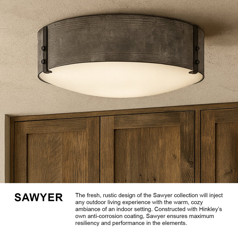 Sawyer 3-Light Outdoor Flush Mount, 4.75" H x 15" W x 15" D, Aged Zinc