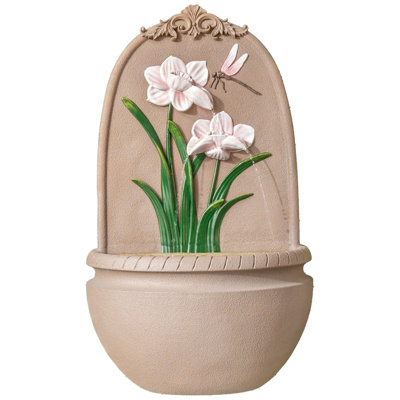 31" in H Outdoor Wall Water Fountain with Pump- Pink Flower with Dragonfly Design with Mesh guard