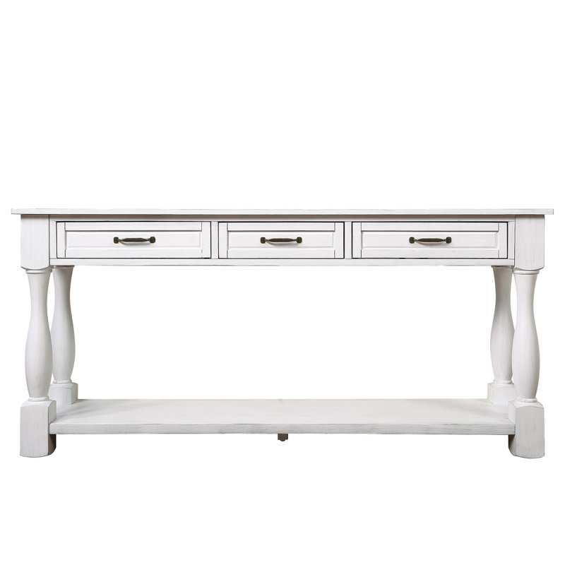 White Solid Wood Console Table with Storage Drawers and Shelf