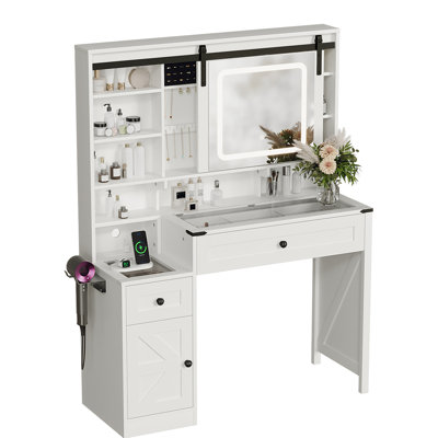 Washed White + Vintage Brown Desktop, Particle Board, Melamine Veneer, 2 Drawers And 1 Door, Glass Desktop, Barn Door Style Dressing Table, LED Three- by Latitude Run