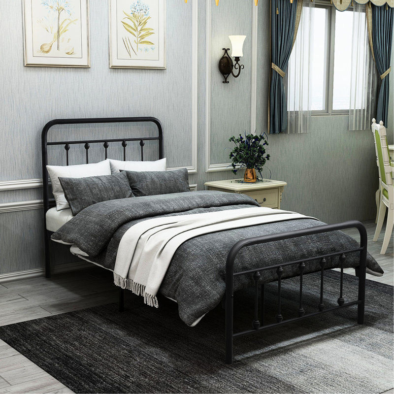 Lit simple en métal noir avec tête de lit rétro, sommier sans sommier, rangement facile et silencieux, Twin, Black