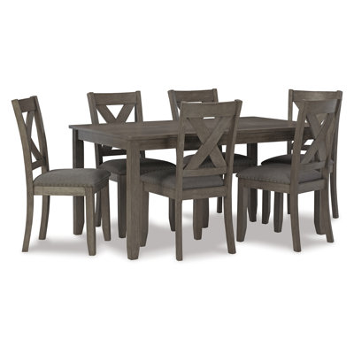 Wasdale 7 Piece Dining Table Set with 6 X-Back Chairs | Weathered Gray Wood | Padded Seats