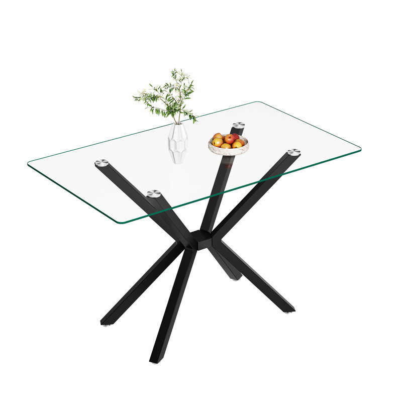 47.24" Rectangular Clear Tempered Glass Dining Table,Stylish Design With Black Metal Legs, Kitchen Table For Dining Room