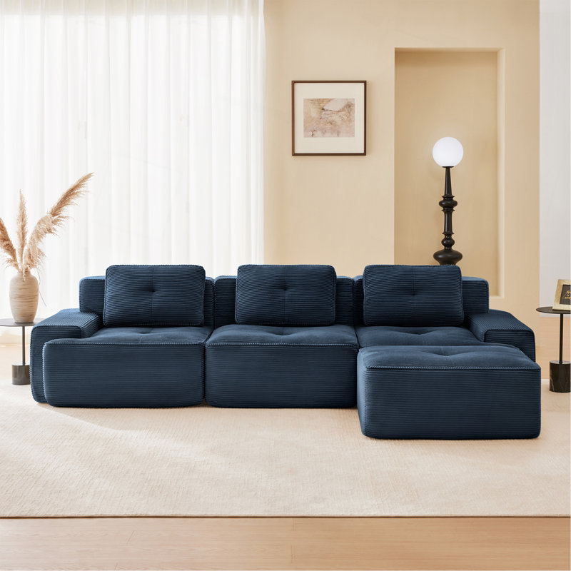 Canapé modulaire en L en forme de L avec siège profond et repose-pieds mobile, H 32,7 po x l 117,3 po x P 69,7 po, 4, Bleu