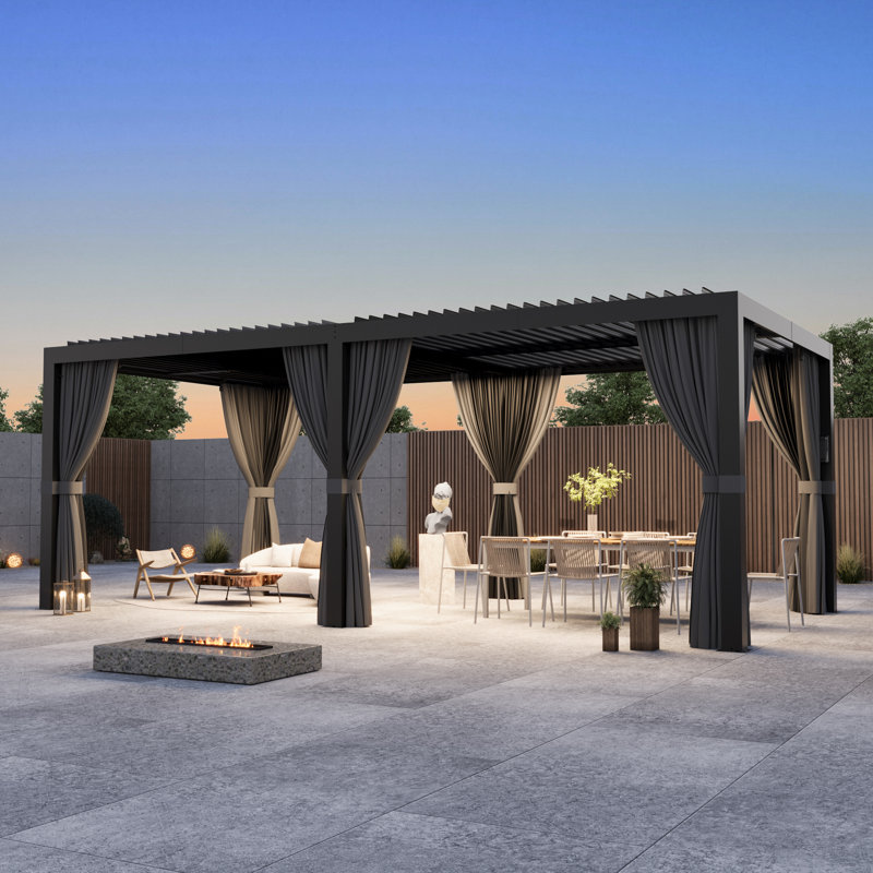 Pergola à persiennes 10 ‘X 20 'Aurora avec amants réglables à double couche, système de gouttière intégré et prise de charge USB, moustiquaire et rideaux