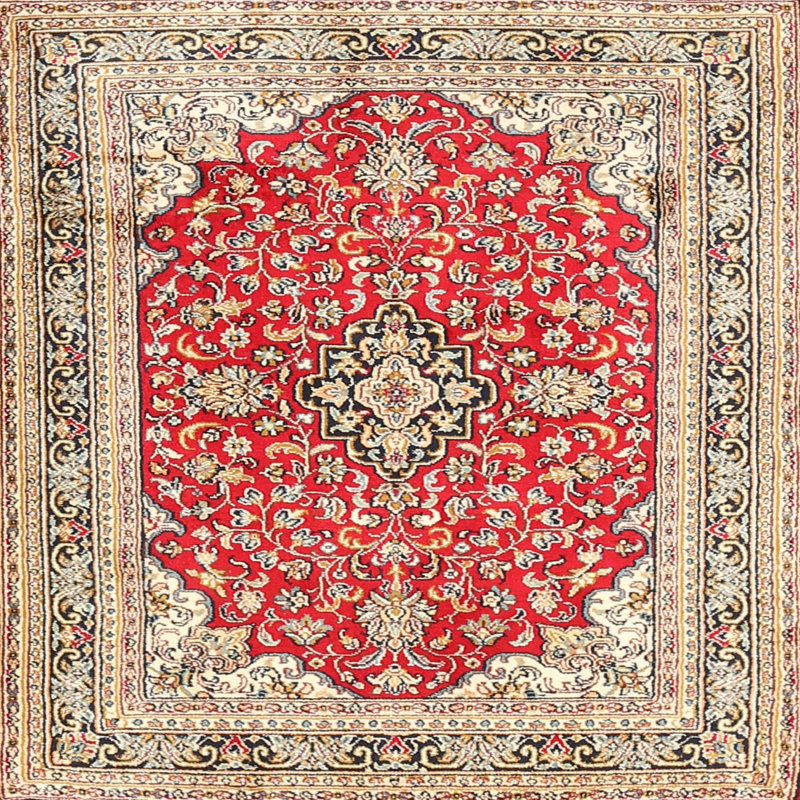 Tapis rouge / beige en laine Amna, Rond 7 pi