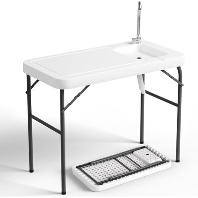 Table de nettoyage du poisson 45 po avec évier profond et tablette supplémentaire, plateau en plastique PEHD avec structure en acier, station de nettoyage du poisson pour le camping, le pique-nique, la cour arrière