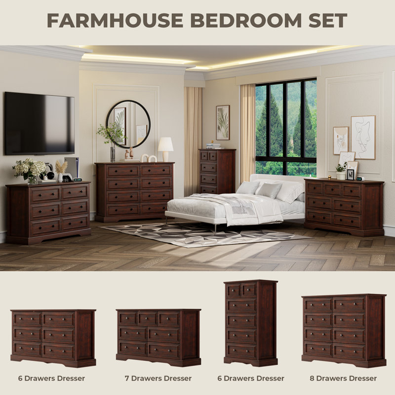 Farmhouse 8 Drawer Dresser For Bedroom, 8 Drawers-Cherry