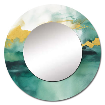 Blue Watercolor Impression with Gold III - Fractals Decorative Mirror, Blue Large Round Wall Mirror, Printed Metal Art