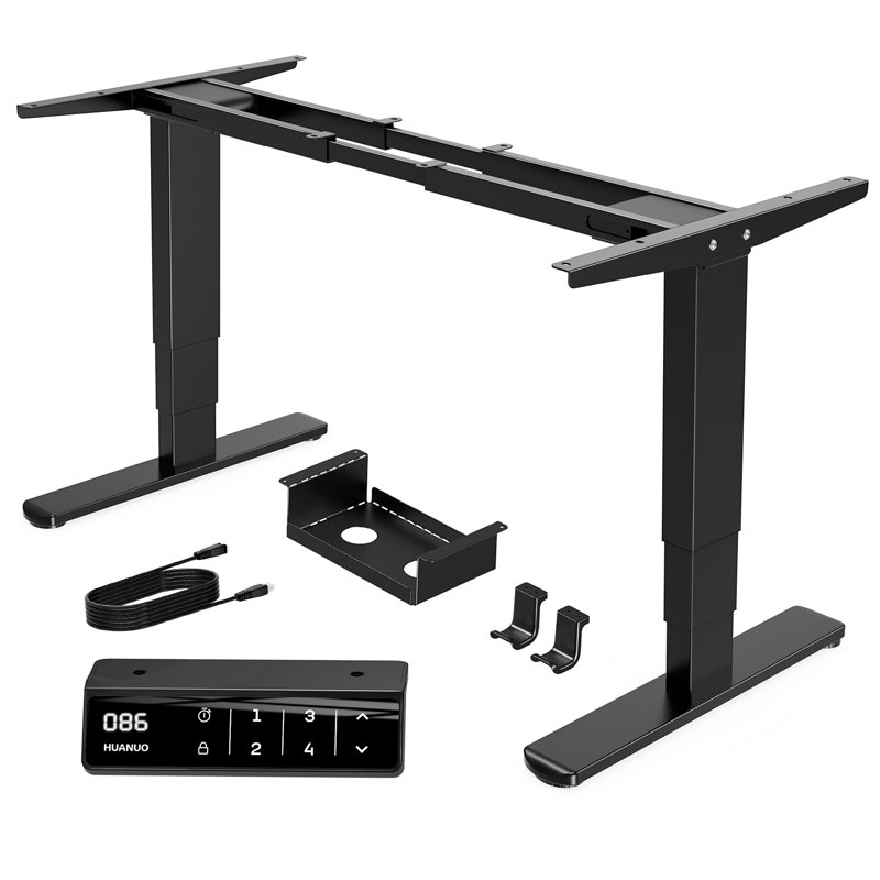 Structure de bureau électrique 4 pieds / 3 étapes à double moteur | 4 réglages de hauteur de mémoire, 25% de colonnes plus épaisses pour une stabilité accrue et un vacillement réduit, fonctionnement silencieux à deux moteurs, capacité de charge de 350 lb.