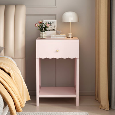 Table de chevet moderne avec tiroir et tablette ouverte, bord festonné, idéale pour la chambre à coucher, table d'appoint minimaliste et mignonne pour chambre d'enfant, rose