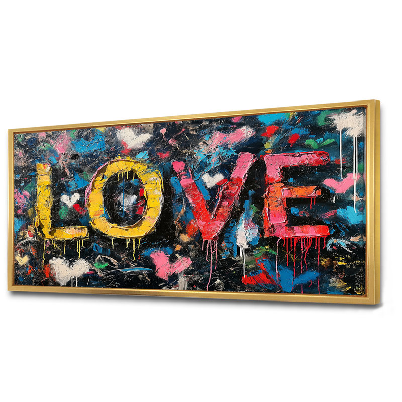 Love Pop Art Graffiti Artwork - Pop Art Wall Art Living Room, Toile avec cadre flottant or, H 28 po x l 60 po x P 1,5 po