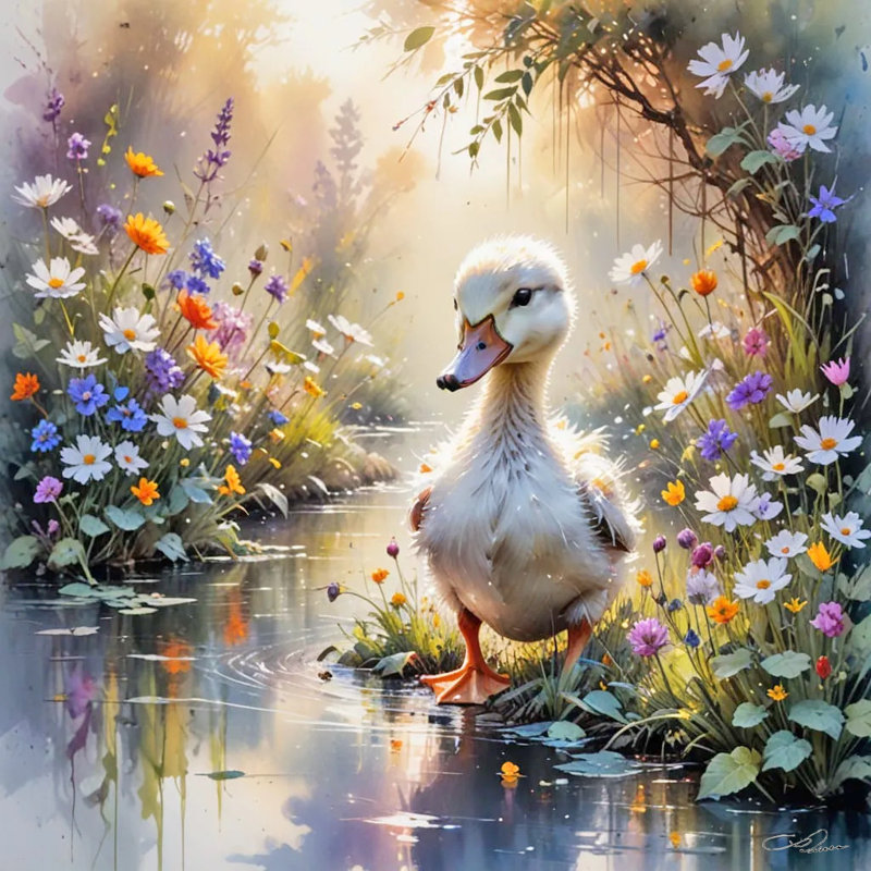 Toile tendue Golden Light: Duckling by a Floral Stream