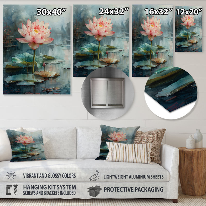 Rose, rose, vert, sacré, fleur, salon, lotus, Sans cadre, métal, H 12 po x l 20 po
