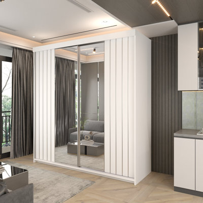 Modern Double Sliding Door Wardrobe in /Grey/Oak/White