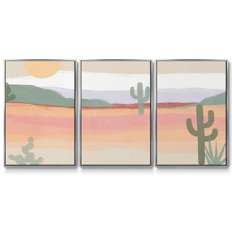 Cactus Plateau II, peinture sur toile 3 pièces, H 24 po x l 48 po, Encadrement argenté