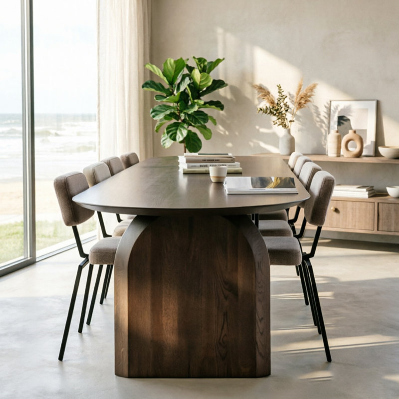 Table de salle à manger 55,12 "en bois de pin massif Wabi-Sabi avec plateau ovale courbé et base arquée - Table minimaliste pour la salle à manger Homestay