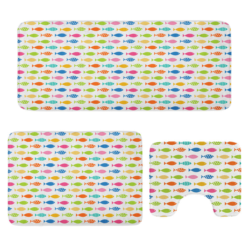  Tapis de salle de bain poisson 3 pièces en U et tapis rectangulaires blanc multicolore