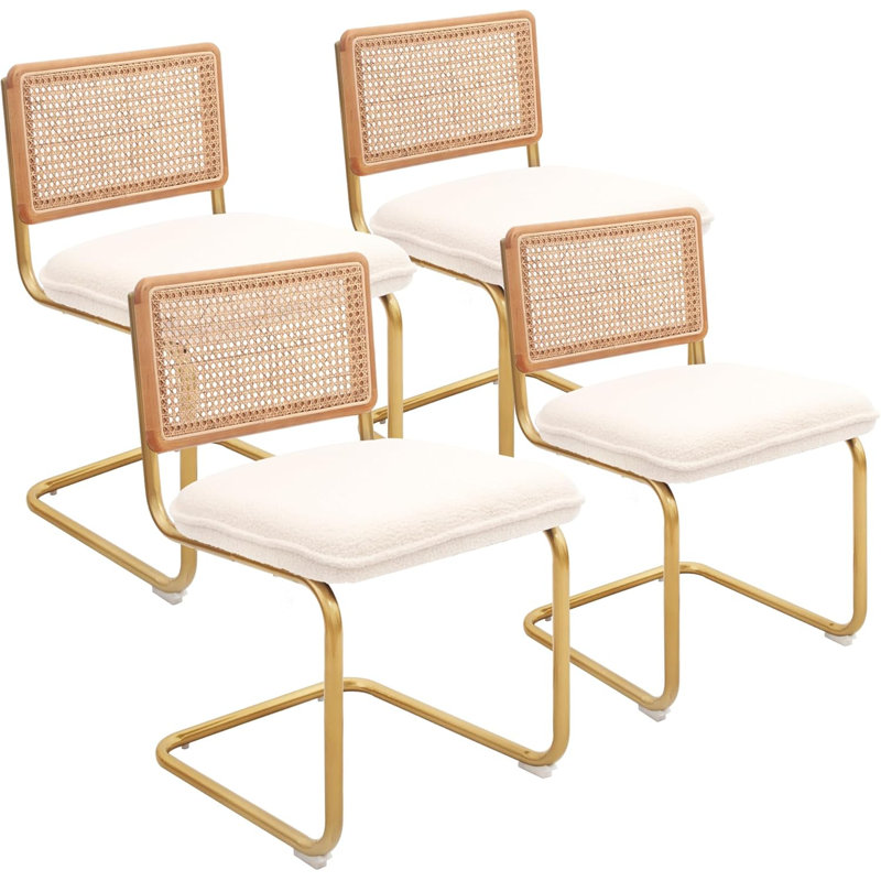 4-Pack Armless Rattan Dining Chairs, Soft Teddy Fleece Upholstered Kitchen Chairs with Woven Back & Sturdy Gold Metal Legs - Space-Saving Seating for Dining Room, Breakfast Nook & Restaurant, Cream