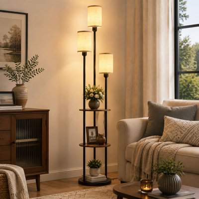 70.9" Floor Lamp with Shelves and Three Linen Shades