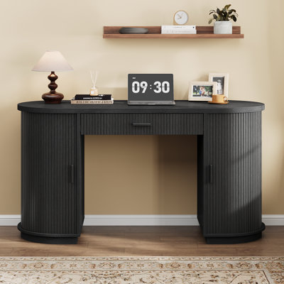 57.9'' Mid-Century Executive Desk With 2 Storage Cabinets With Tambour Sliding Doors, Wood Home Office Computer Desk With Drawer And Power Outlet