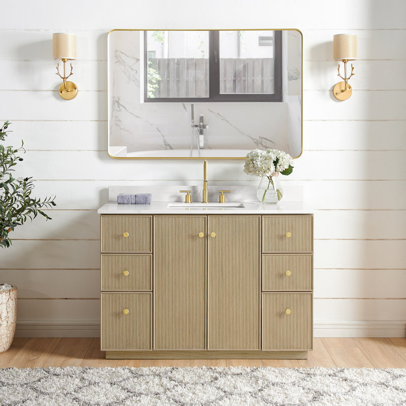 Amella 48 " W 1 Single Vanity Bathroom Vanity With Quartz Top with Mirror, Natural Oak