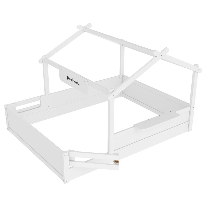 Akin House-Shaped Wooden Floor Bed with Guardrails & Built-in Tray, Light White, Twin