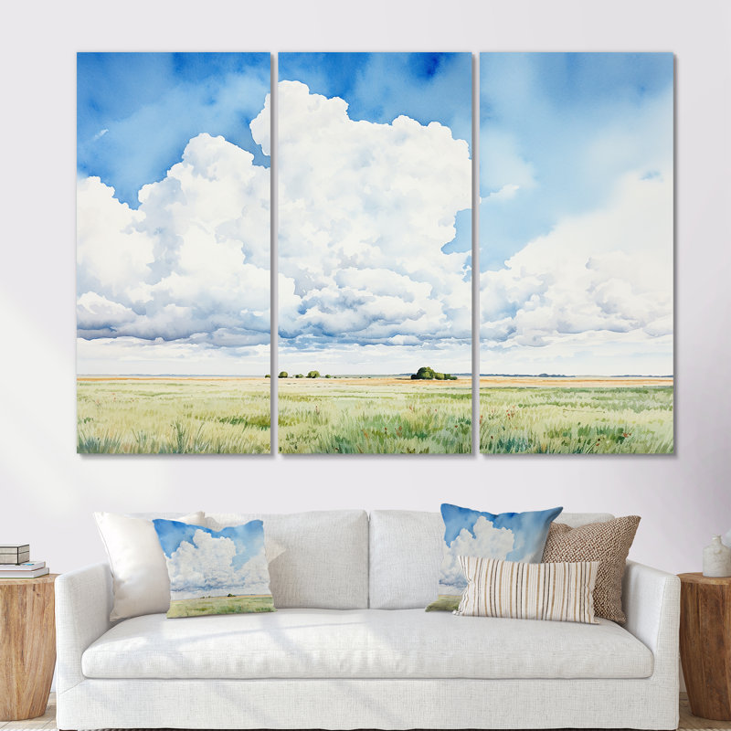 Ensemble de salon blanc avec nuages blancs, paysage minimaliste III, Toile tendue, H 32 po x l 48 po x P 1 po