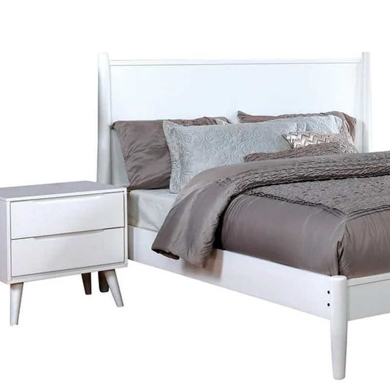 Ensemble de chambre avec grand lit 4 pièces Leyla, commode avec miroir ovale, bois blanc, Blanc, Grand