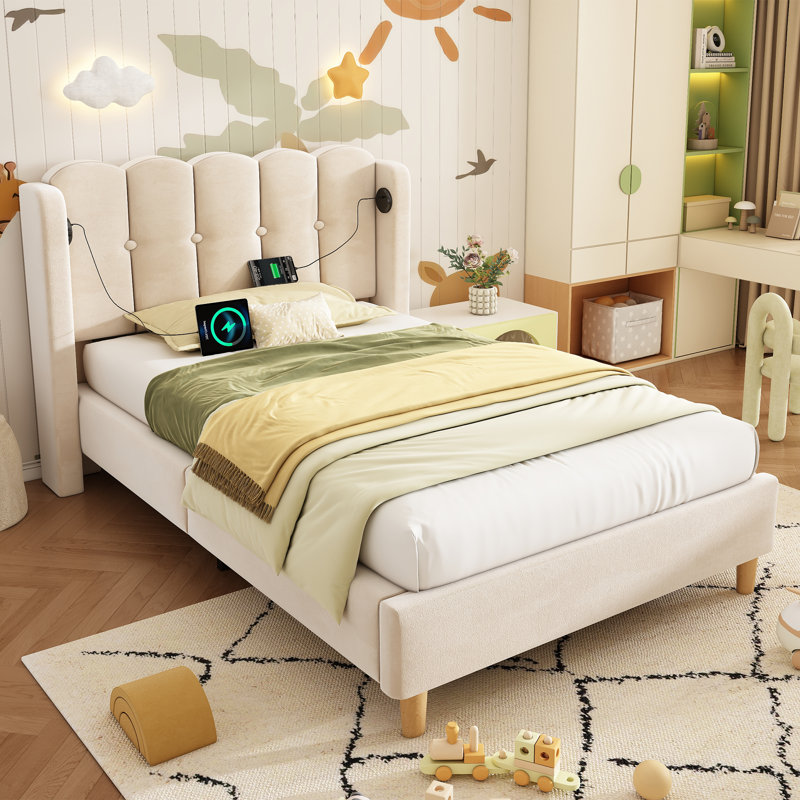 Velvet Grille-Panel Bed With Charging Station, Single (3'), Beige