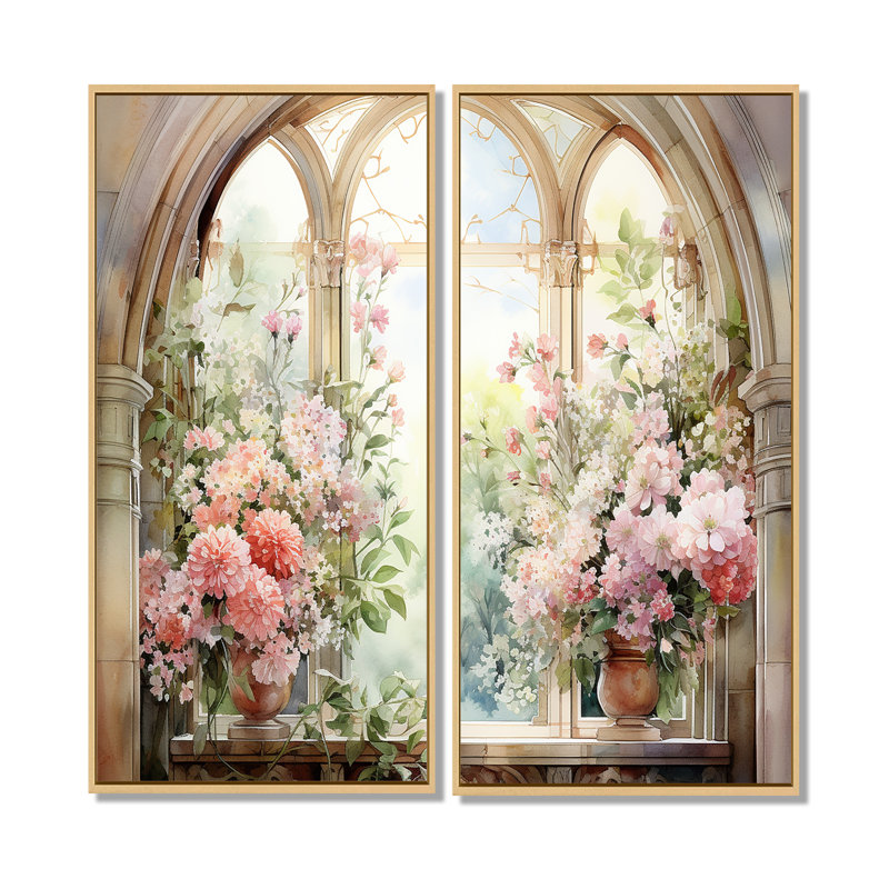 «Pink Blossoming Country Window Gaze V», art mural 2 pièces, 32" H x 32" W, Impression encadrée flottante, Cream