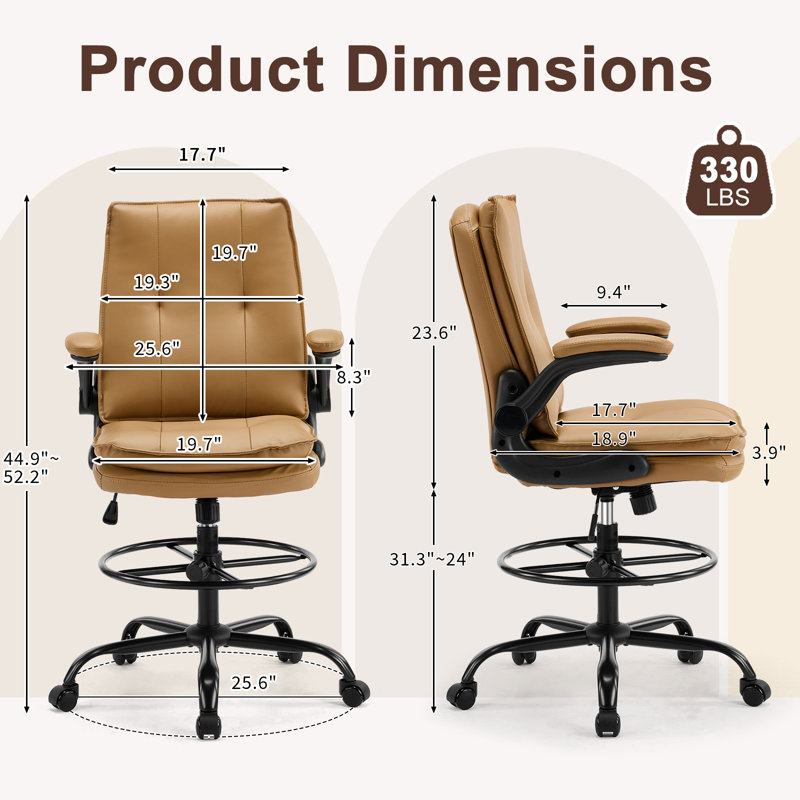 Chaise de dessinateur ergonomique en similicuir avec repose-pieds réglable Ebern Designs, Kaki