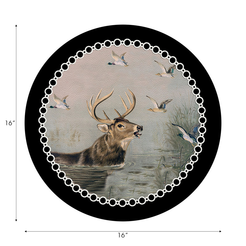 English Stag Vegan Leather Round Pebble Placemat, Black