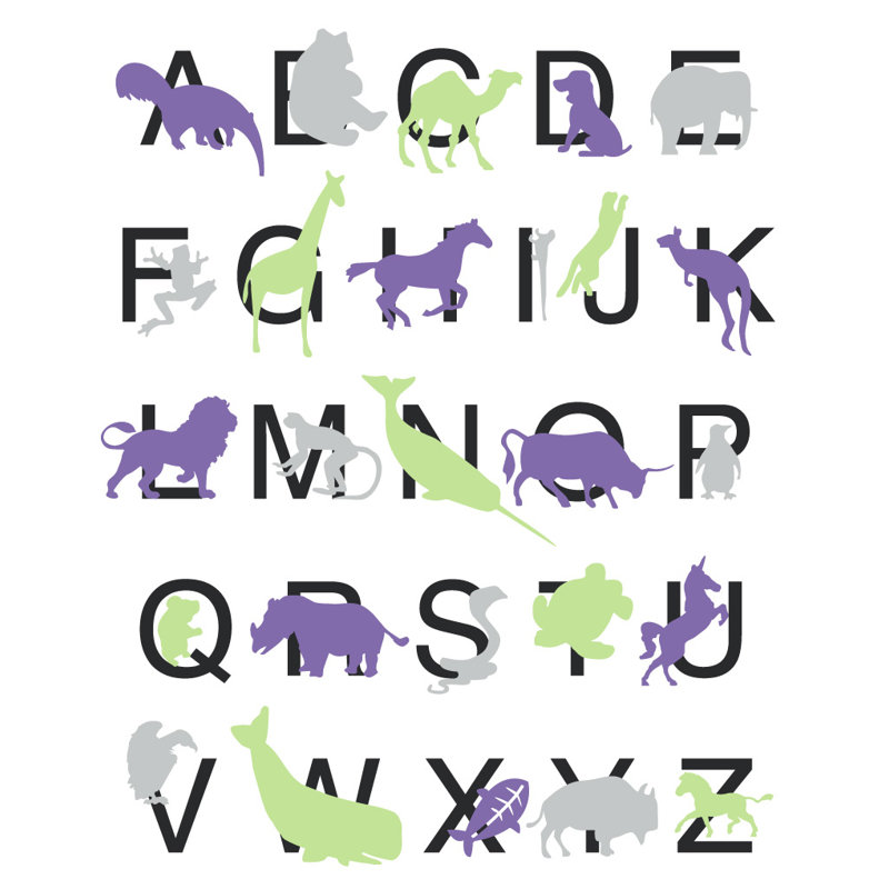 Décalcomanie murale alphabet animal, H 56 po x l 45 po x P 0,01 po, Mauve / gris /vert
