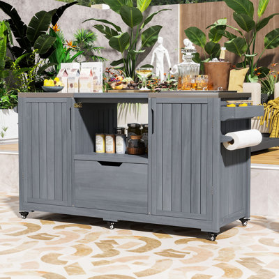 Fir Wood Outdoor Kitchen Cart with Adjustable Shelves, Stainless Steel Top, Ample Storage and Wheels