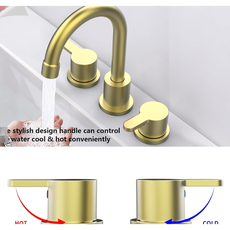 Robinet de lavabo 3 trous 8 pouces, 2 poignées, or brossé, bec rotatif à 360 °, aérateur goutte à goutte, économiseur d'eau, pour cartouche rotative à large bande pour salle de bain, salle de lavage