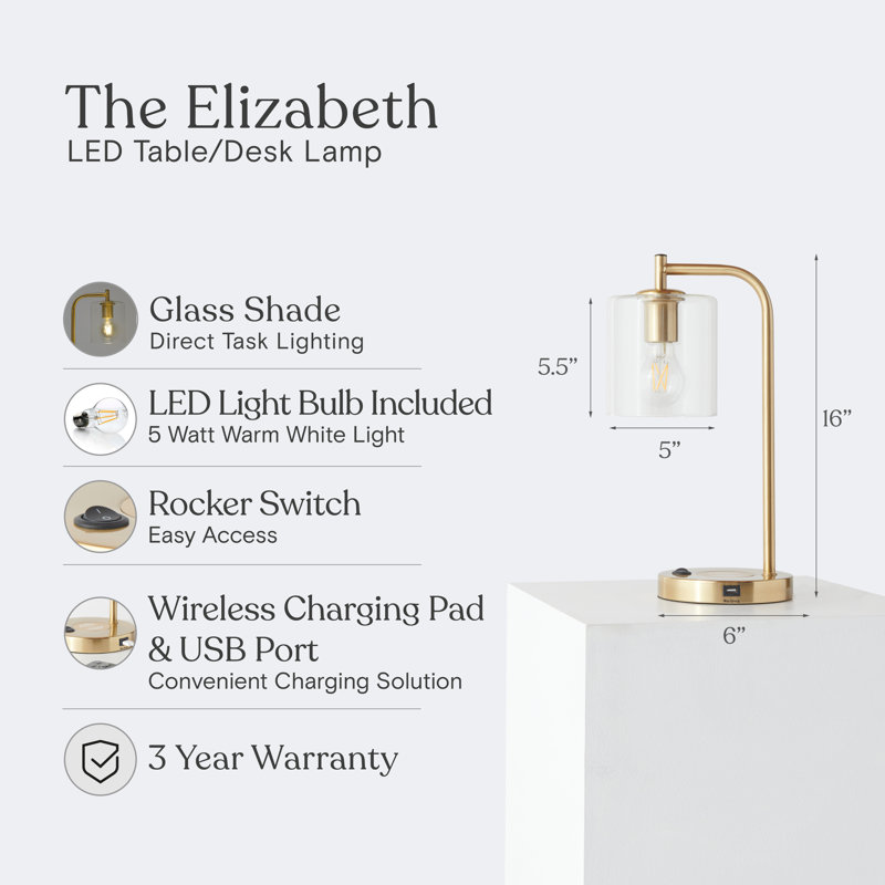 Elizabeth Brass and Glass 16" Desk Lamp with USB and Wireless Charging